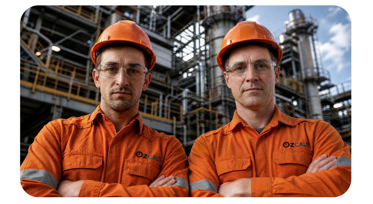Two men in orange uniforms with hard hats standing in front of an industrial setting.