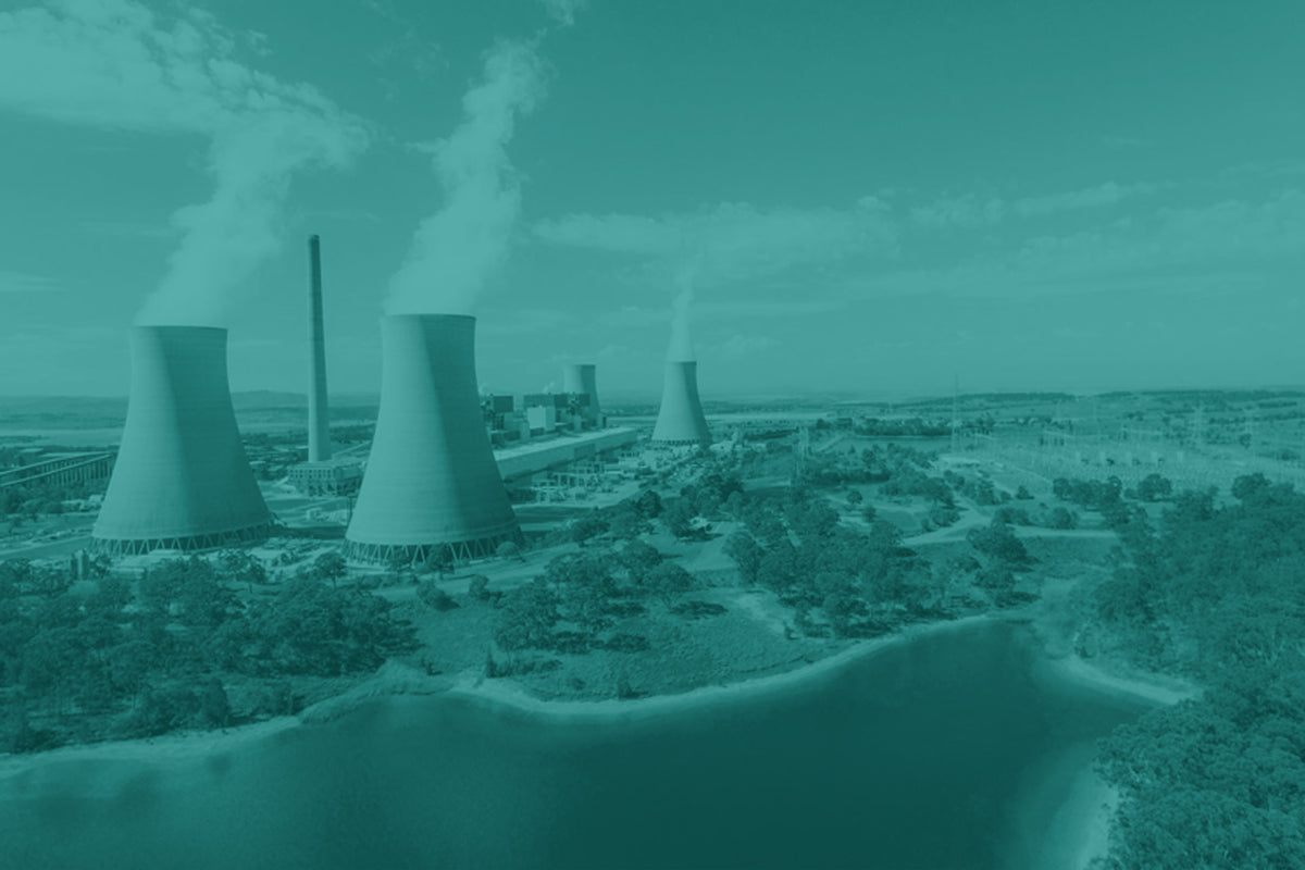 Nuclear power plant with cooling towers emitting steam, surrounded by a forest.