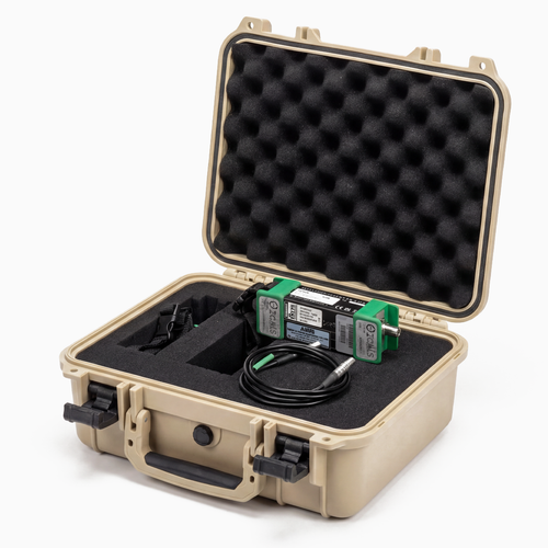 Beige hard-shell case with black foam interior containing electronic equipment on a white background