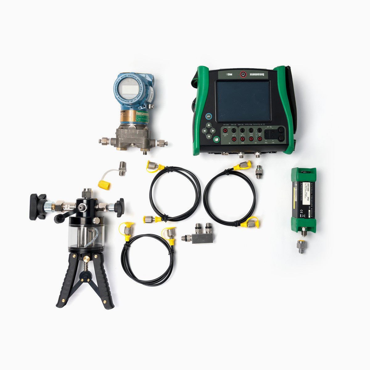 Collection of industrial equipment including a digital display, hoses, and connectors on a white background