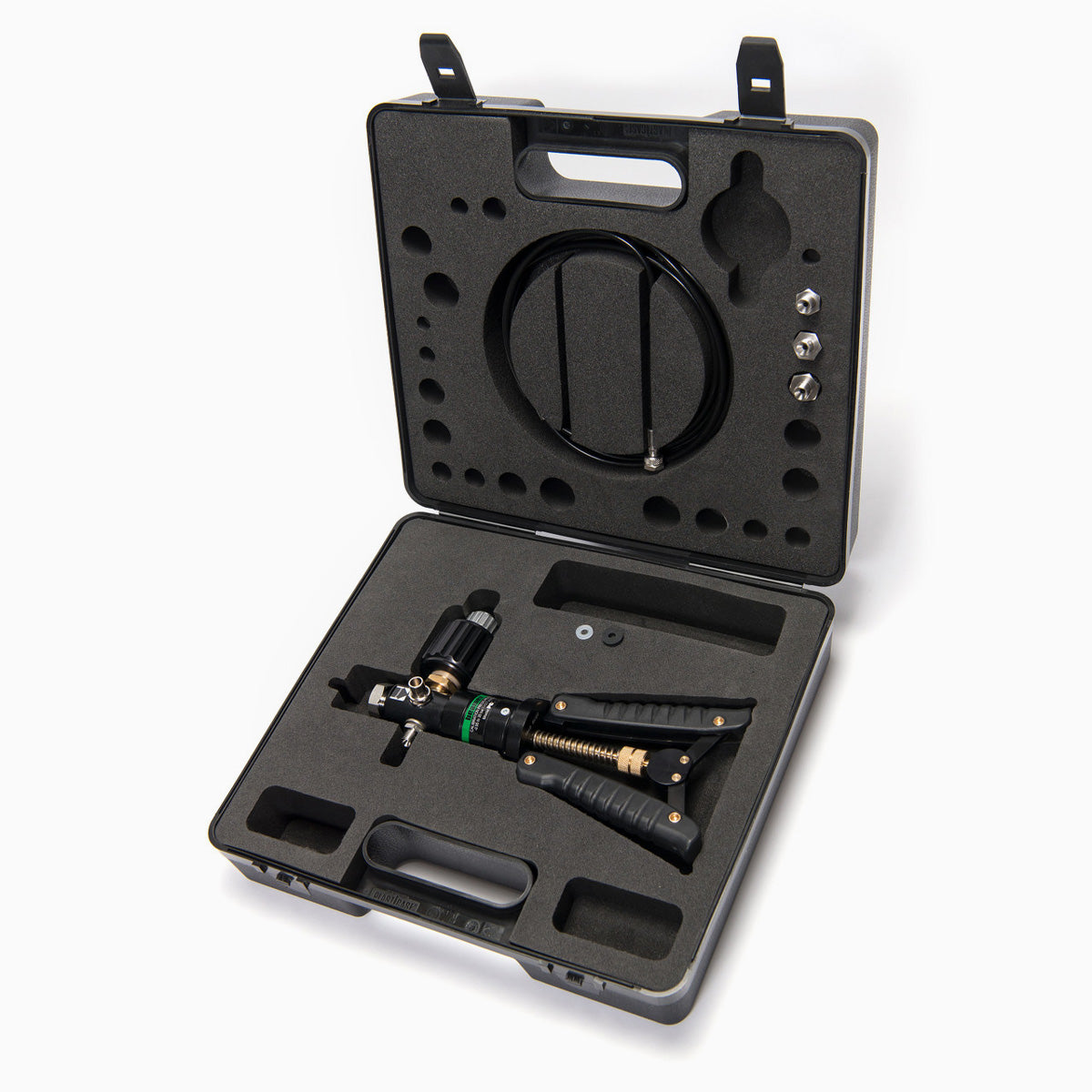 Black toolbox with tools inside on a white background