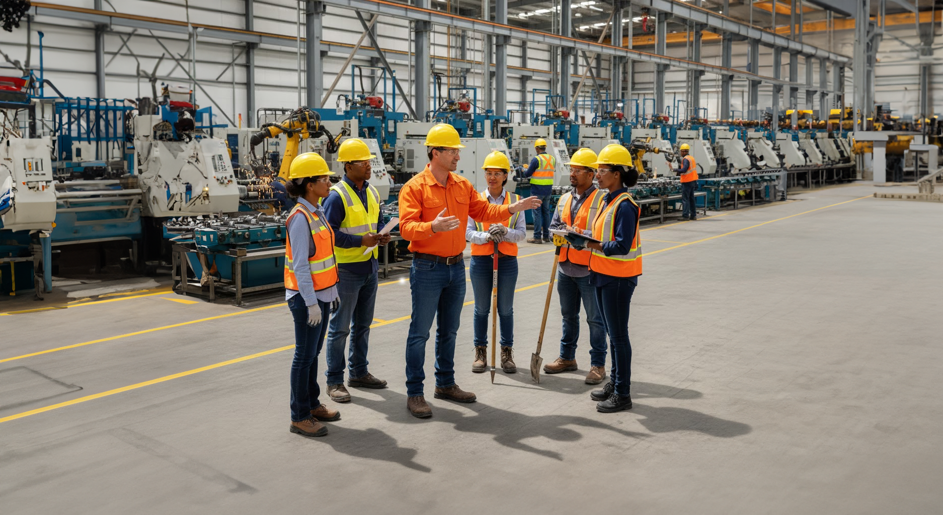 Group of workers in a factory setting with safety gear