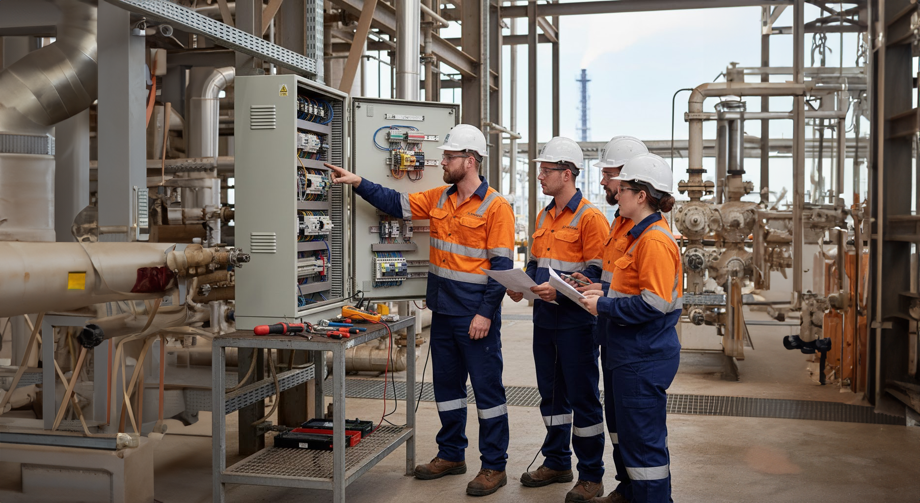 Three workers in safety gear inspecting industrial equipment in a factory setting.