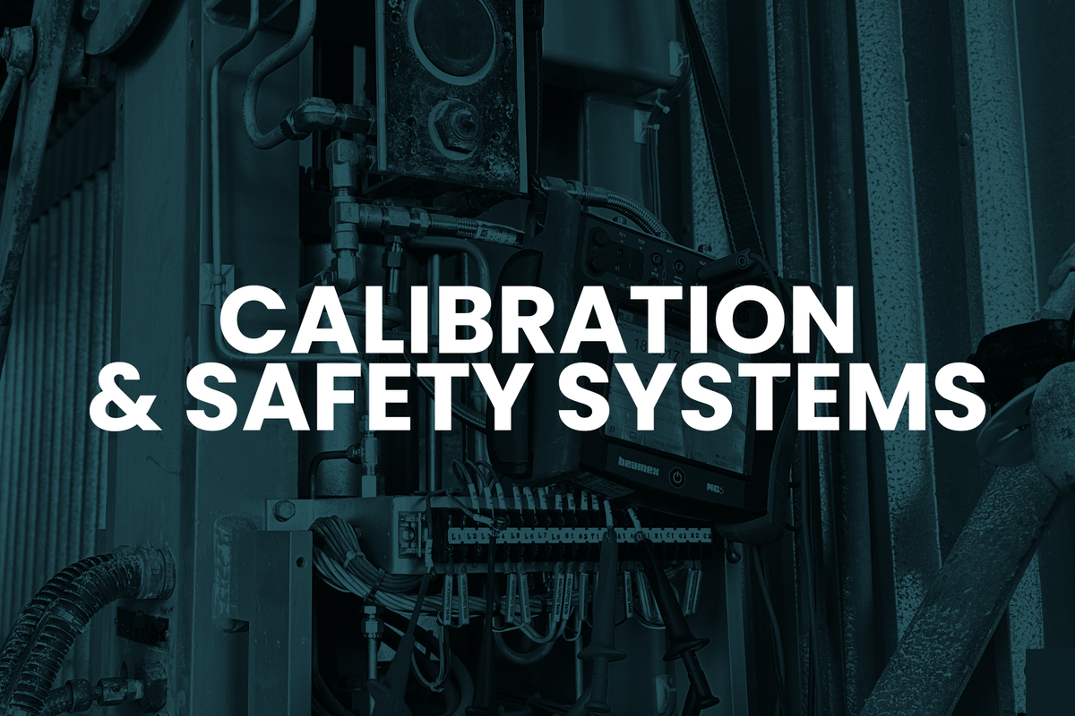 Industrial equipment with text 'Calibration & Safety Systems' on a dark background