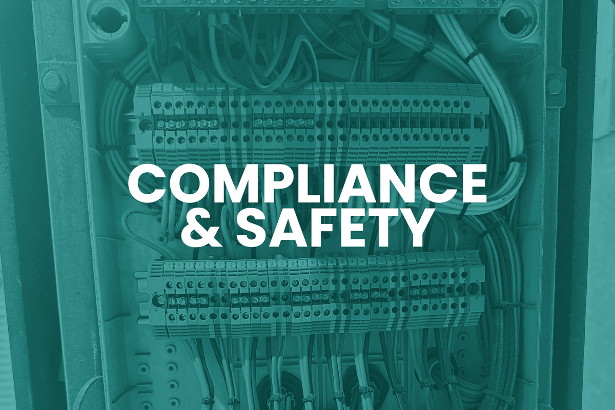 Technical diagram with 'Compliance & Safety' text on a teal background