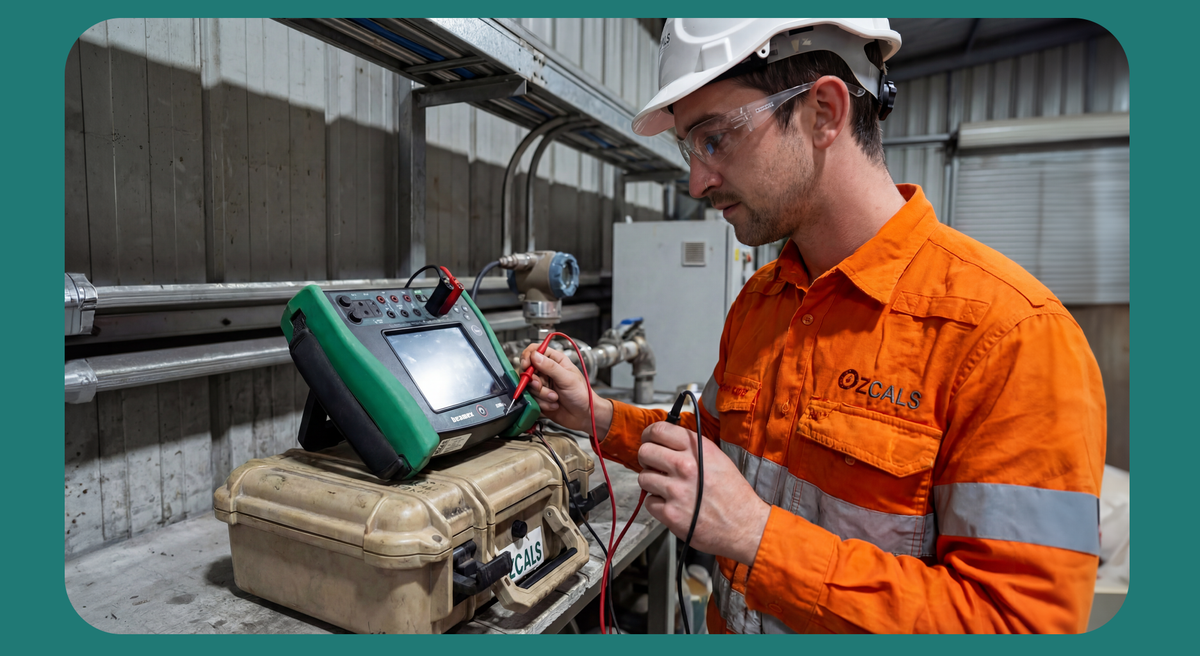 Person in orange work uniform and hard hat using electronic equipment in a workshop.