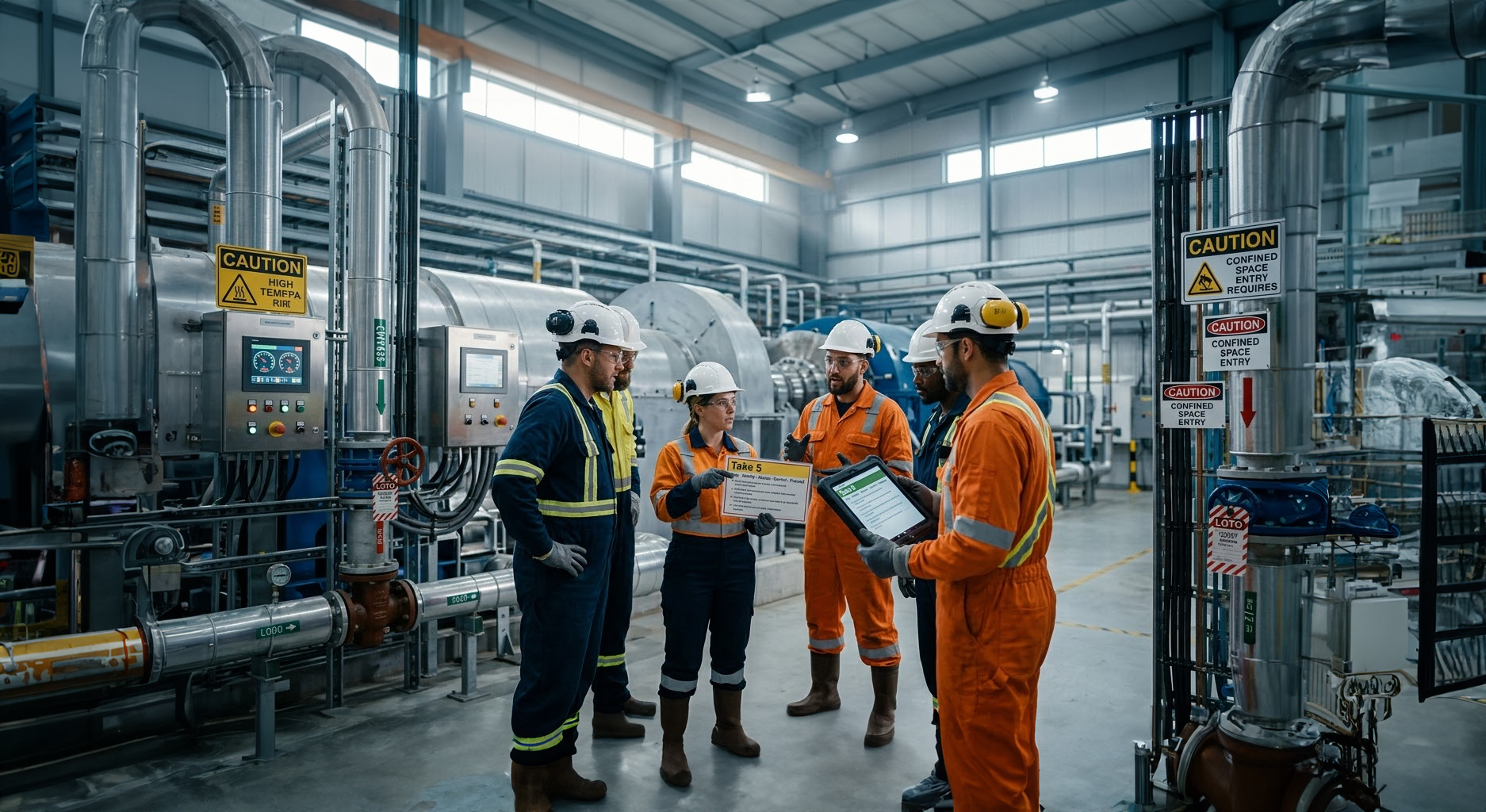 Four workers in a factory setting discussing a document.