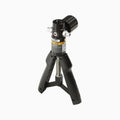 Black tripod stand with adjustable head on a white background