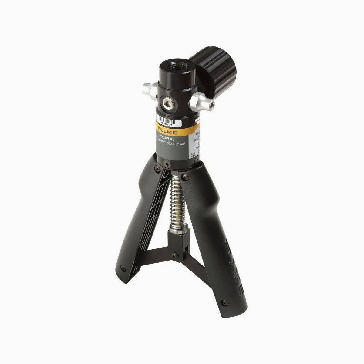 Black tripod stand with adjustable head on a white background