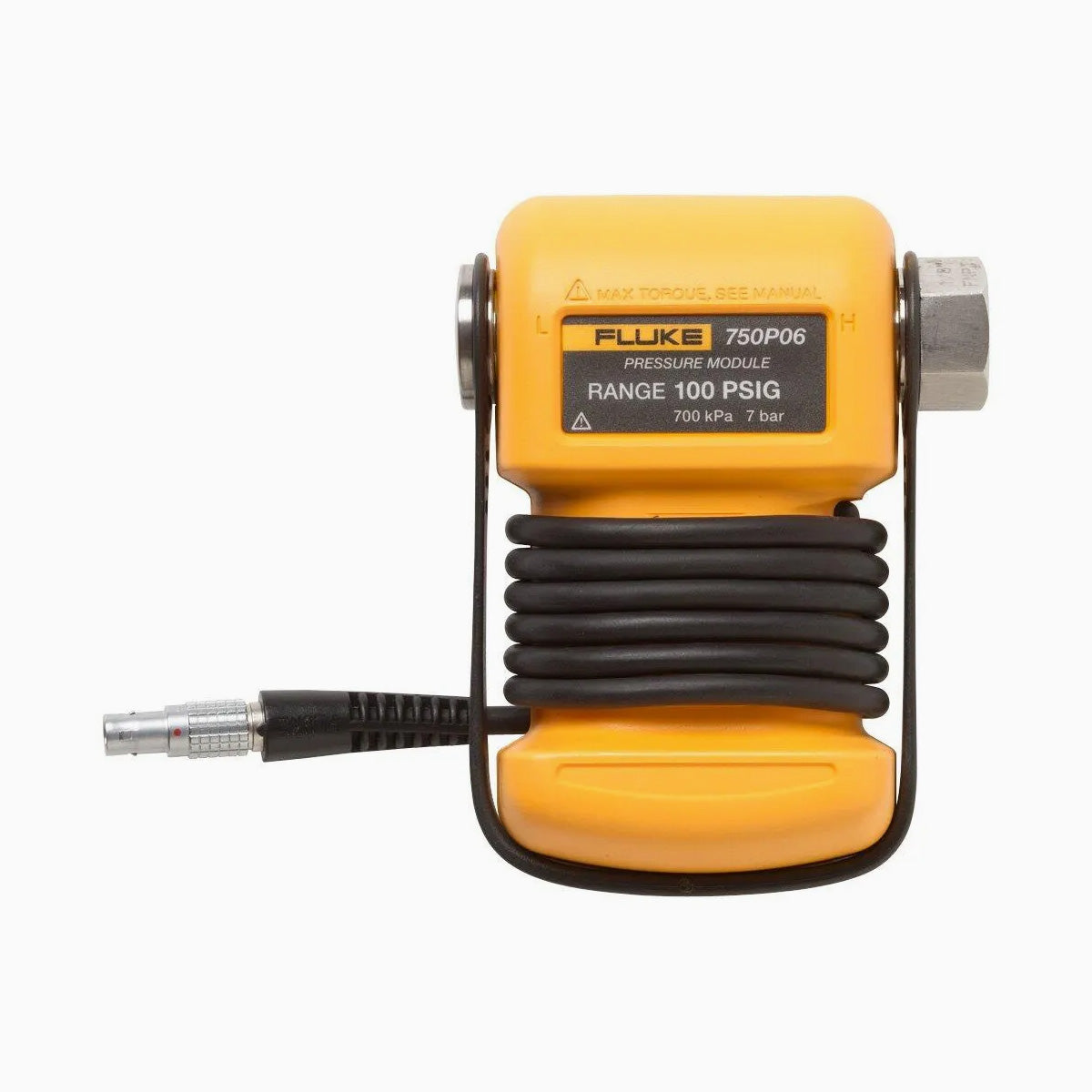 Yellow pressure module with coiled hose on a white background