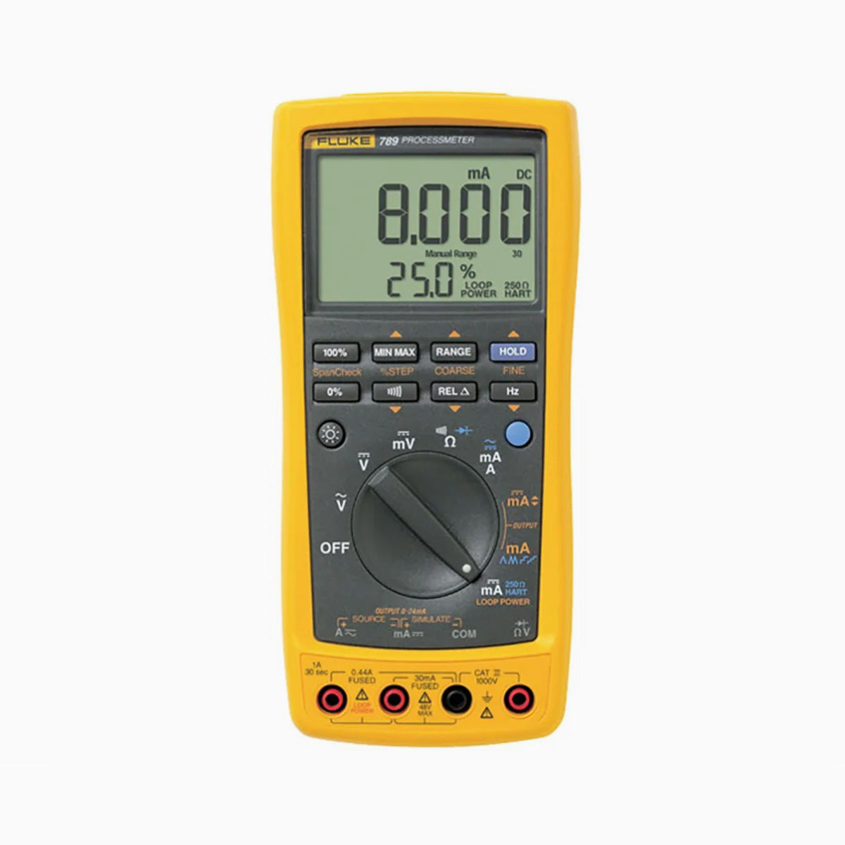Digital multimeter with yellow casing on a white background