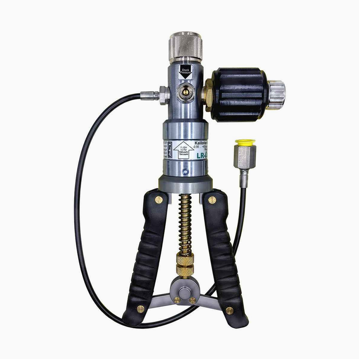 Pressure washer gun with black handle and various nozzles on a white background