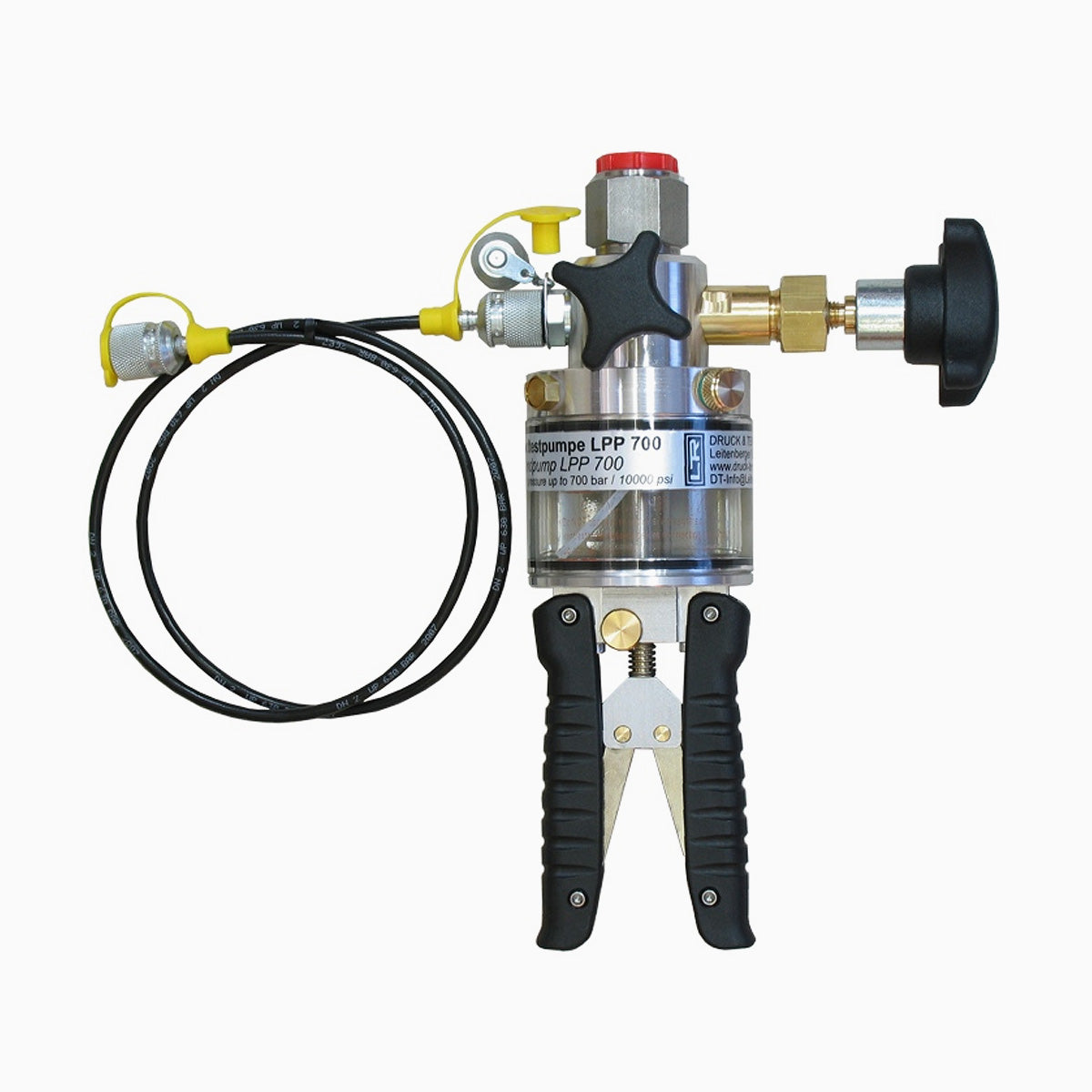 Handheld pressure pump with hose on a white background