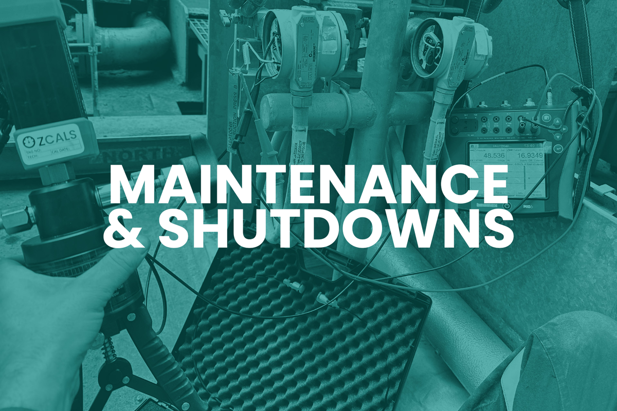 Industrial setting with machinery and text overlay 'MAINTENANCE & SHUTDOWNS' on a teal filter.