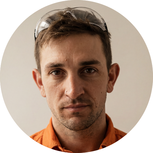 Man wearing an orange shirt with a neutral background