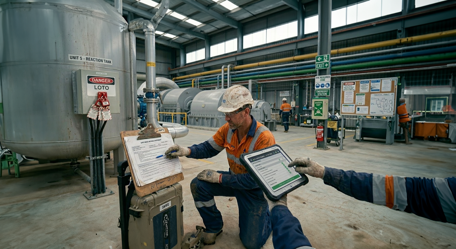 Two workers in a factory setting, one holding a tablet and the other a clipboard, with large industrial equipment in the background.