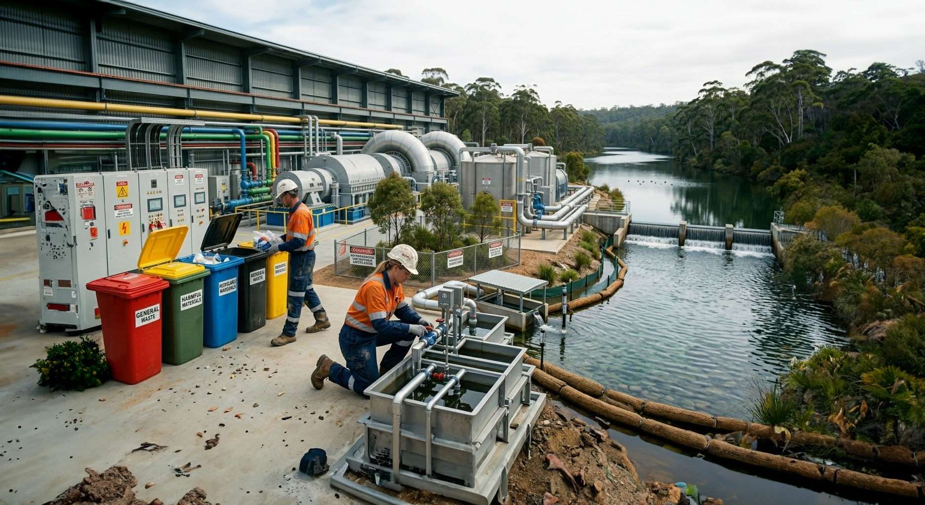 Two workers at a water treatment plant with pipes and equipment.