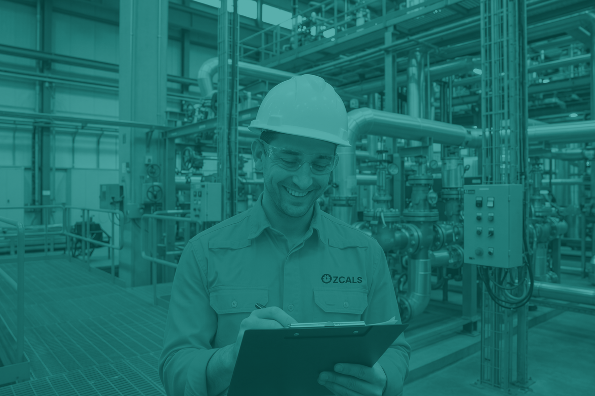 Person in a hard hat using a tablet in an industrial setting with 'OZCALS' branding.