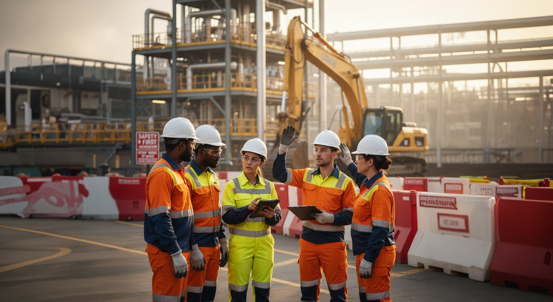 Group of construction workers in high-visibility clothing on a construction site with machinery in the background.