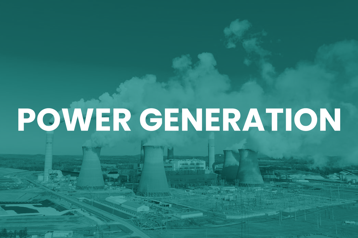 Power plant with smokestacks emitting steam, labeled 'POWER GENERATION'.