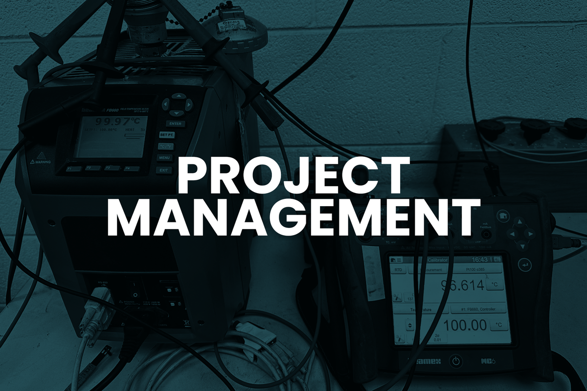 Technical equipment with 'Project Management' text overlay on a blue background