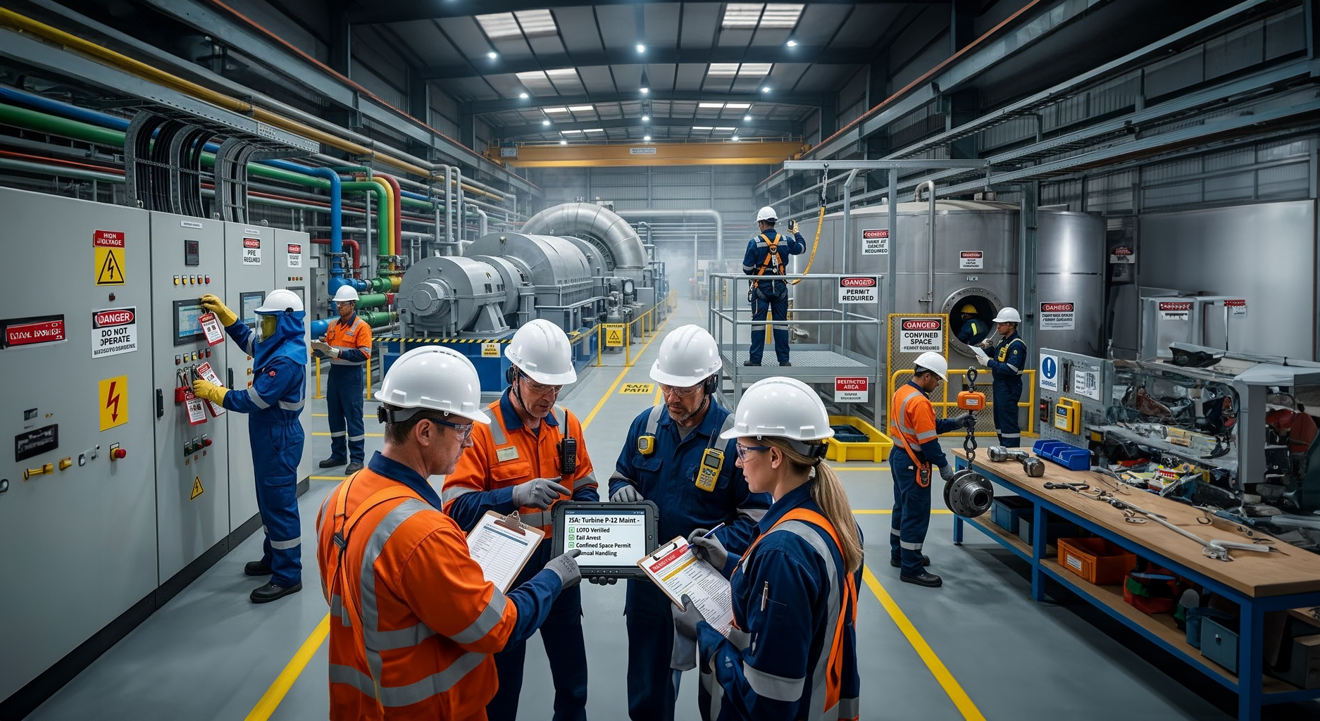 Group of workers in a factory setting discussing equipment.