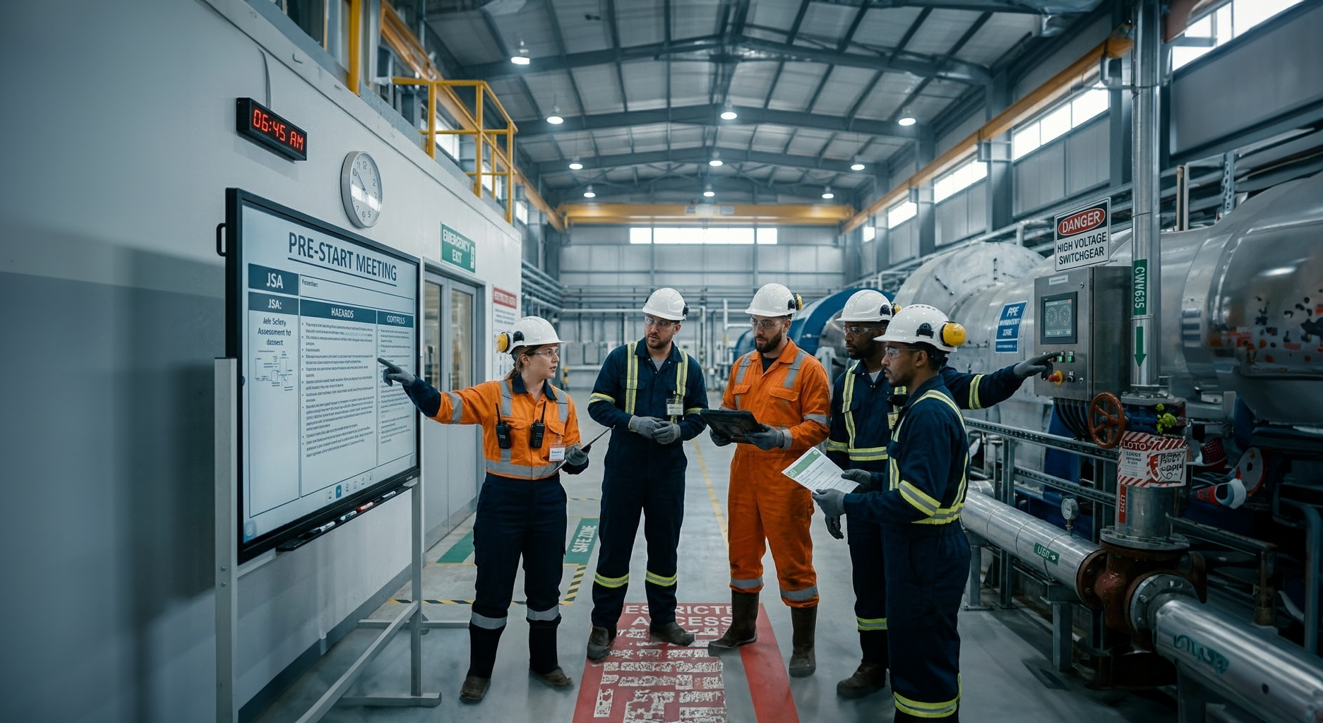 Group of engineers in a factory setting discussing plans in front of a large screen.