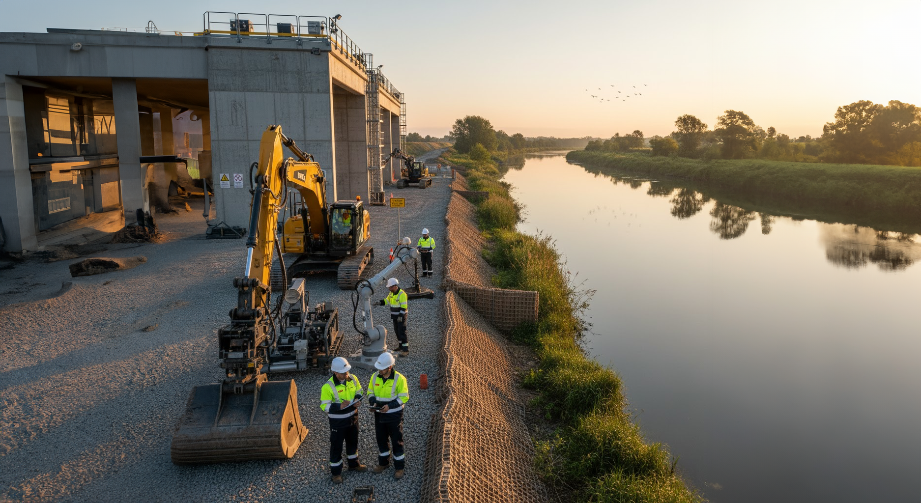 Construction workers near a large excavator by a river at sunset.