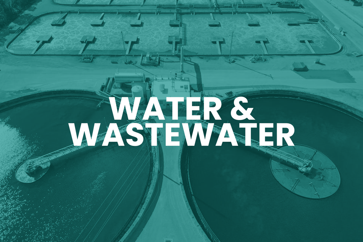 Aerial view of a water treatment plant with 'Water & Wastewater' text overlay.