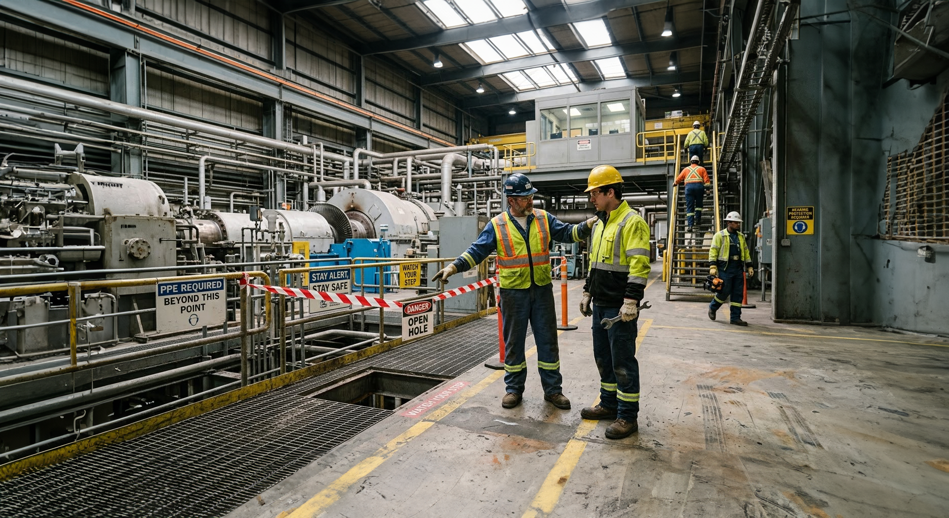 Two workers in a factory setting with industrial equipment and safety gear.