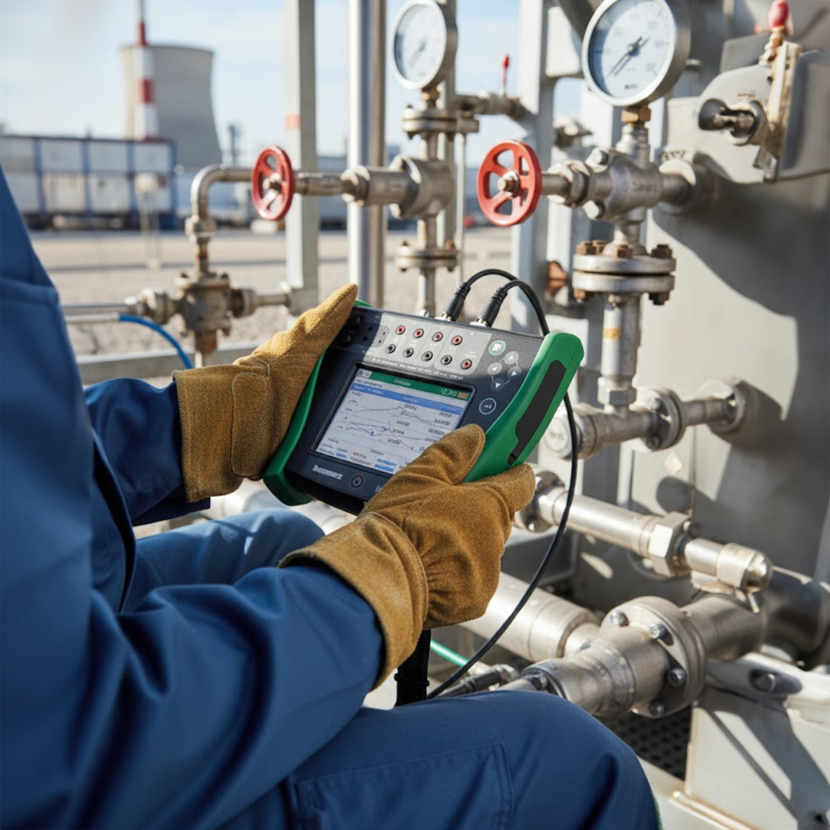 Person in blue jacket and brown gloves using a handheld device on industrial equipment.