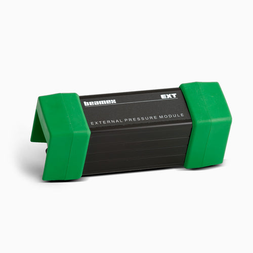 Black external pressure module with green sides on a white background