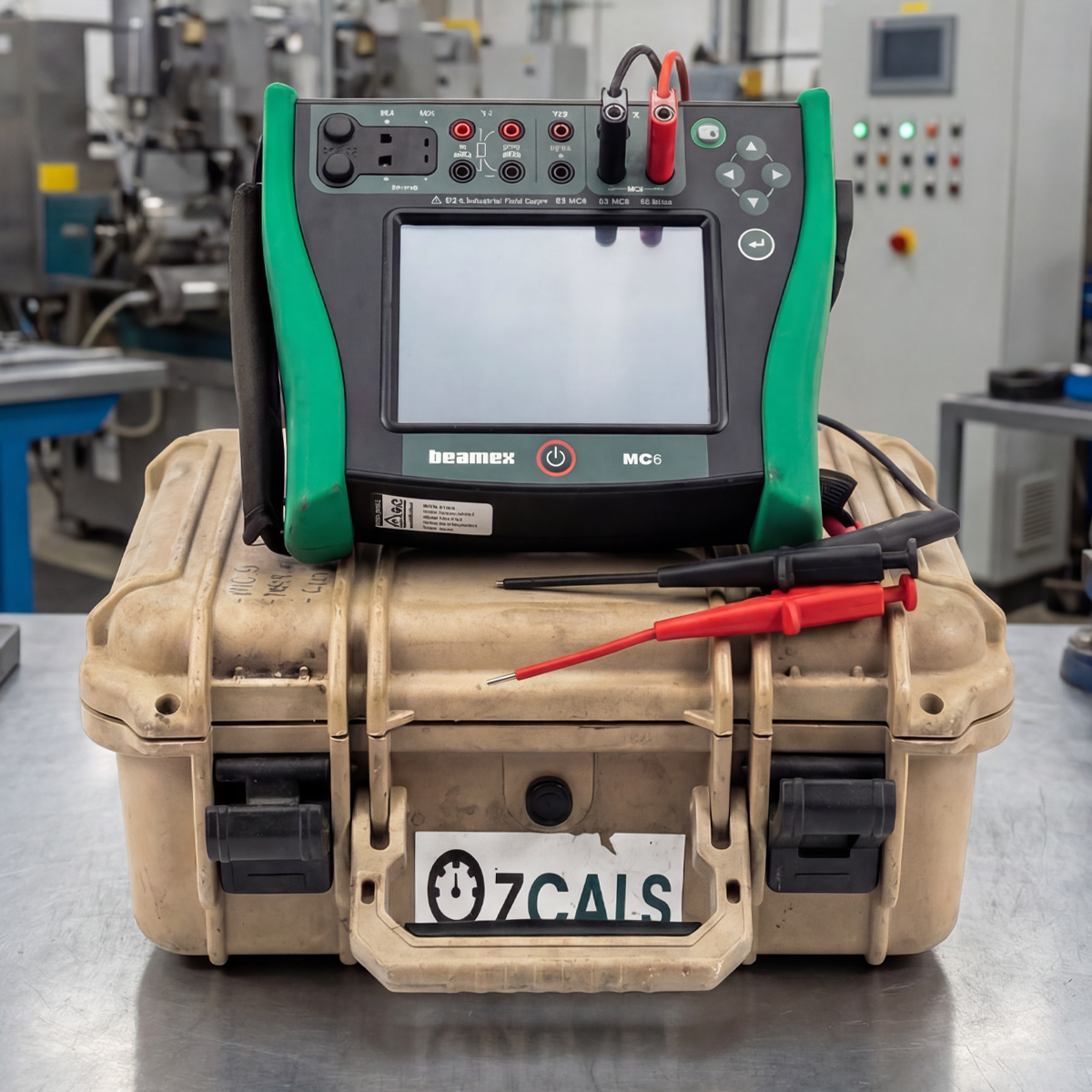 Portable electronic device with a screen and clamps on a beige case in an industrial setting.