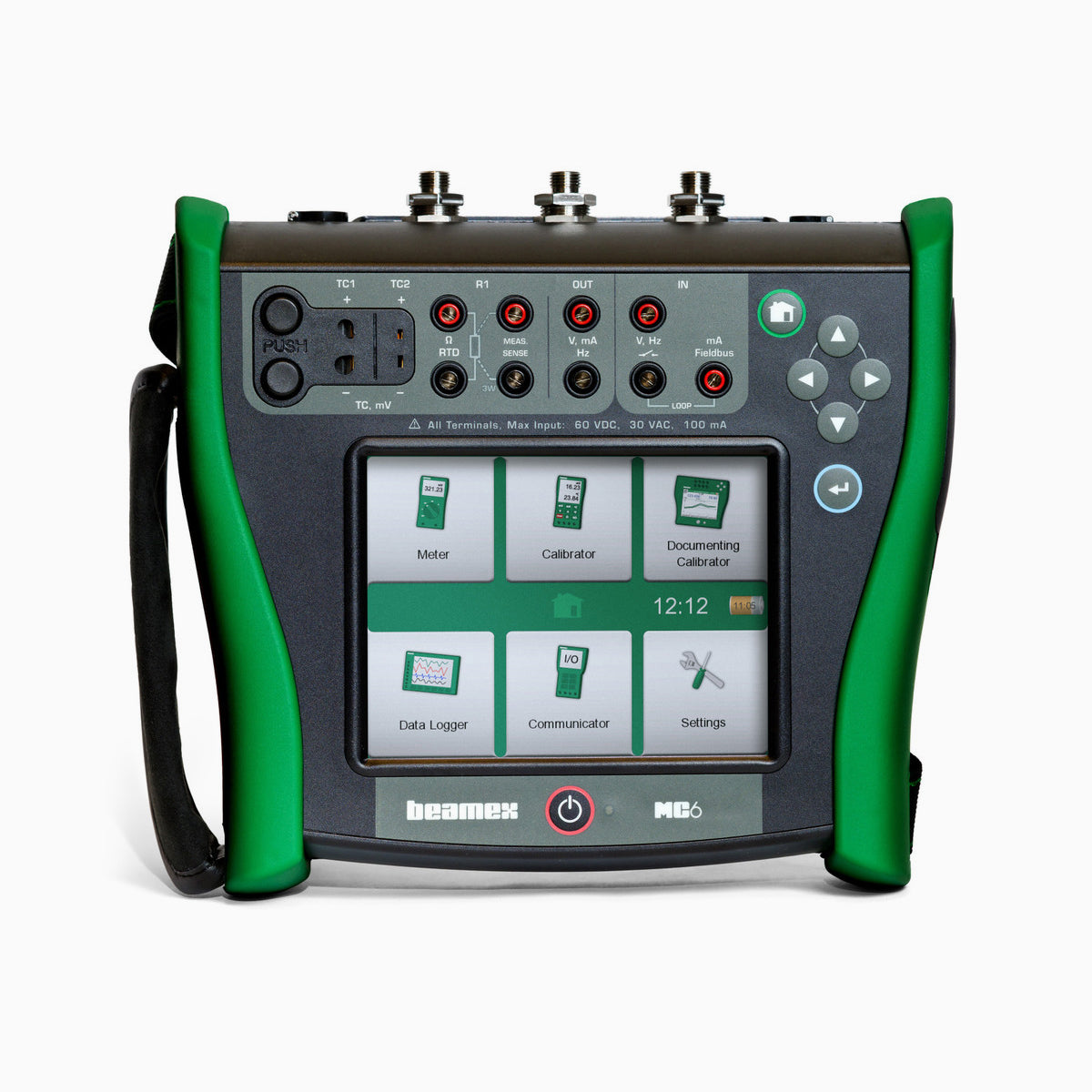 Handheld device with a screen displaying various functions on a white background